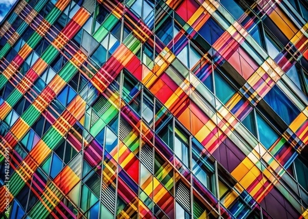 Fototapeta Modern Building Exterior with Geometric Plaid Design, Bokeh Background - Stock Photo