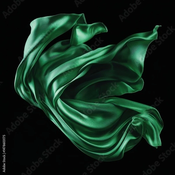 Fototapeta Emerald Green Silk Fabric Flowing Abstractly Against Black Background Studio Shot Elegant Drape Texture