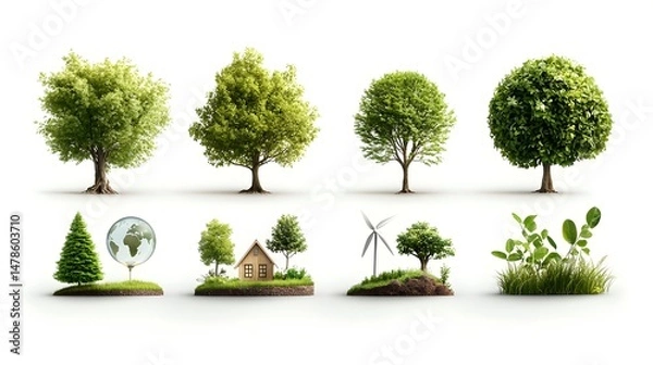Obraz Circular set of eco friendly icons featuring trees green energy sources sustainable living practices and environmental protection symbols  Isolated on a plain background