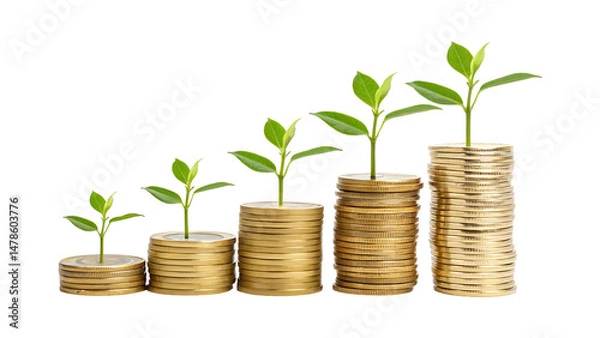 Fototapeta Plant growing from gold coins representing investment growth, sustainability, and eco-friendly wealth accumulation isolated on transparent background