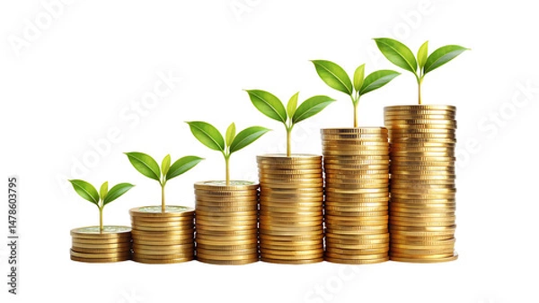 Fototapeta Plant growing from gold coins representing investment growth, sustainability, and eco-friendly wealth accumulation isolated on transparent background