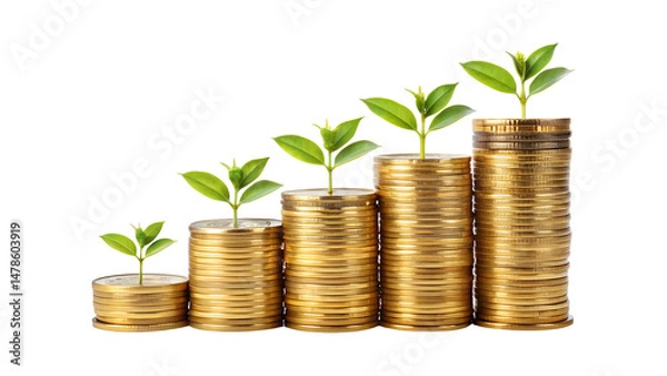 Fototapeta Plant growing from gold coins representing investment growth, sustainability, and eco-friendly wealth accumulation isolated on transparent background