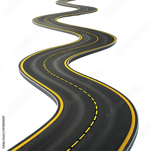 Fototapeta A curved road with yellow and white markings bordered by reflective barriers isolated on a transparent background