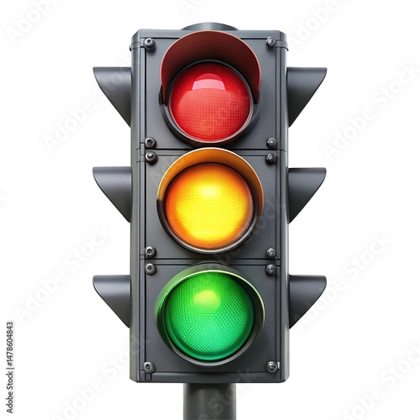 Fototapeta Traffic light isolated on a transparent background. Traffic signal shows red, yellow, and green lit indicators. Cut out