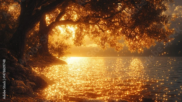 Obraz a peaceful scene infused with twilight in a calm lake