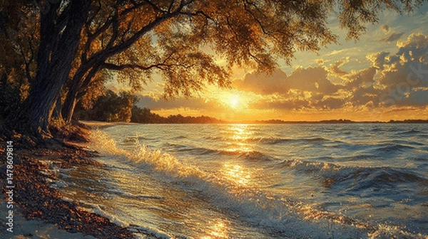 Obraz a peaceful scene infused with twilight in a calm lake