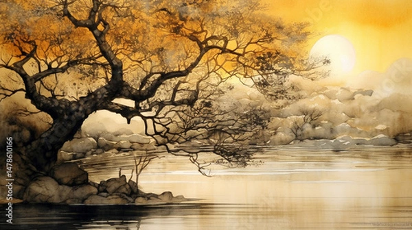 Obraz a peaceful scene infused with twilight in a calm lake