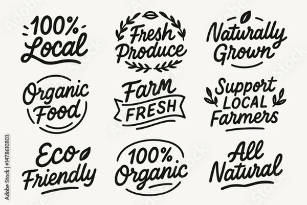 Fototapeta Local organic farm product labels and eco friendly hand drawn food badge vector set. Locally grown products labels
