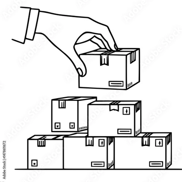 Obraz huge hand placing box on stack of boxes in simple line drawing, vector image with one line outline