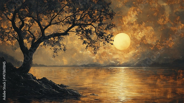 Obraz a peaceful scene infused with twilight in a calm lake