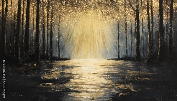 Obraz Golden light radiating through a dark forest pathway.