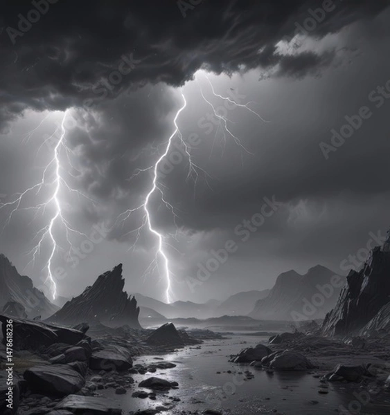 Obraz Turbulent grey canvas, jagged bolts of lightning illuminate the gloom ,  black,  abstract,  weather photography