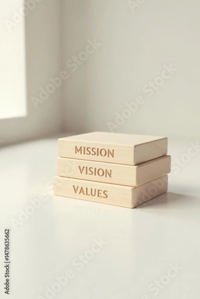 Fototapeta Stack of Wooden Blocks Displaying Mission, Vision, and Values for Strategic Planning