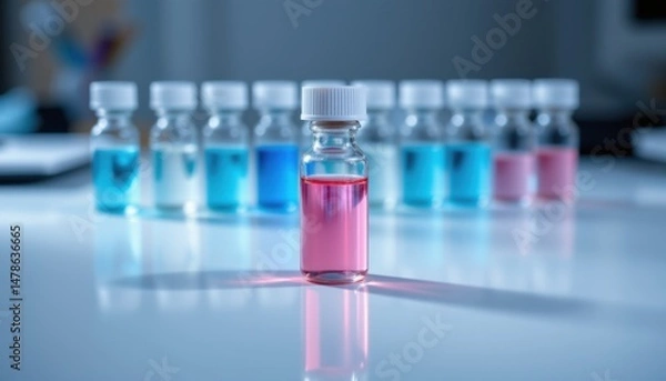Obraz Laboratory experiment with colorful solutions science lab liquid samples controlled environment close-up view chemistry concept