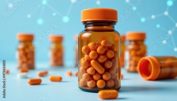 Obraz Exploring pharmaceutical developments medicine bottles laboratory digital art clean environment close-up perspective