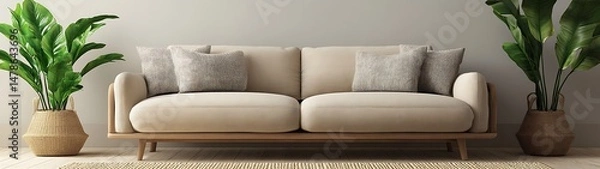 Fototapeta Beige couch with plants in a room