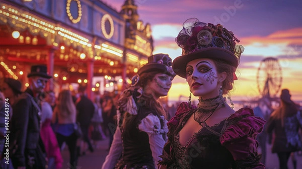 Fototapeta A surreal scene at Brighton seafront during the Fringe Festival, where avant-garde dancers twirl in dreamlike synchronization beneath twilight festival lights