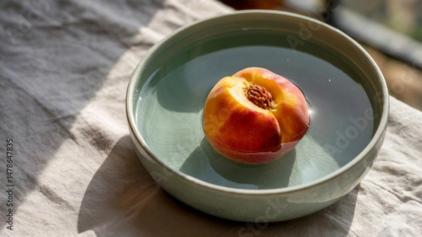 Fototapeta Fresh Peach in Water Bowl on Linen Fabric Still Life