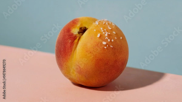 Fototapeta Peach With Salt on a Pink and Blue Background Still Life