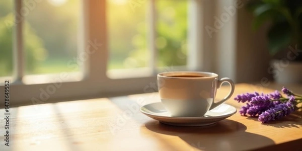 Fototapeta Morning sunlight illuminates a cup of coffee and lavender blossoms on a wooden surface near a window.