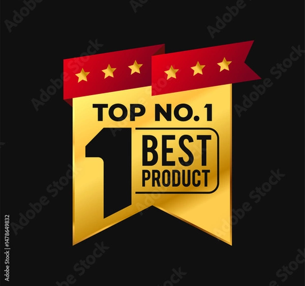 Obraz No. 1 best product ribbon sticker label, gold badge with stars vector isolated on black background