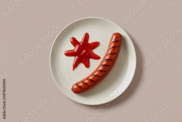 Fototapeta Grilled Hotdog with Ketchup on a Plate Simple Food Still Life