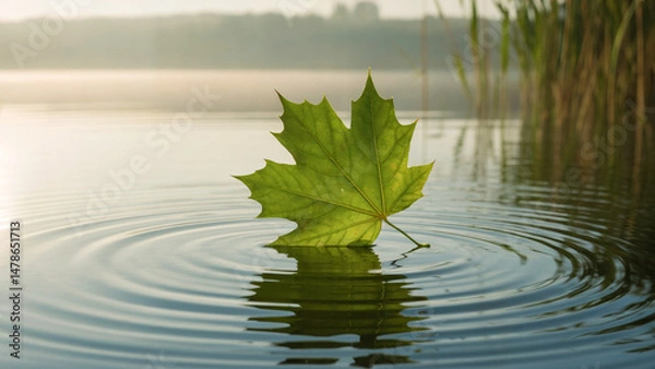 Fototapeta Green Maple Leaf Floating on Water with Ripples in a Lake at Sunrise