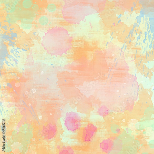 Fototapeta Colorful pastel watercolor background with splashes, stains, and textured overlay in soft peach, mint, and pink tones