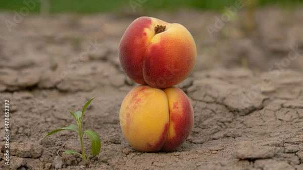 Fototapeta Two Peaches Stacked on Dry Cracked Earth with a Small Plant Growing