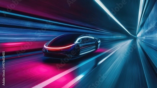 Fototapeta Fast car speed creates a blur of motion on the city road at night with abstract light trails from transport