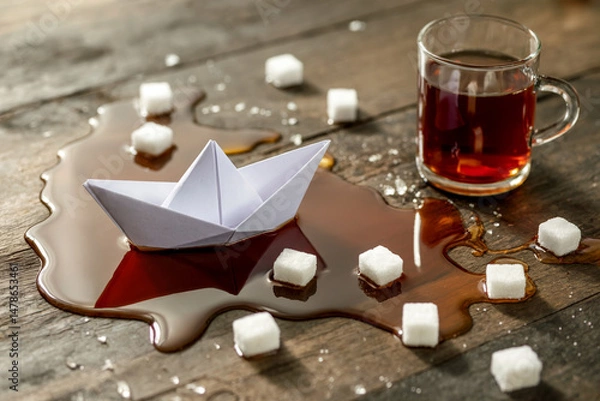 Fototapeta Paper Boat in Spilled Tea with Sugar Cubes on Wood Surface