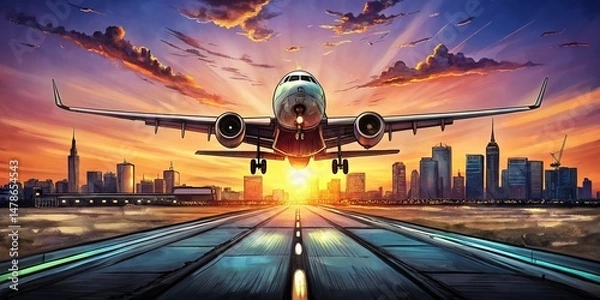 Fototapeta Retro Airplane Ink Sketch Takeoff City Skyline Bokeh - Vintage Aviation Stock Photo