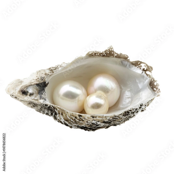 Obraz A close-up shot of three pearls inside an open oyster shell, a symbol of beauty, elegance, and rarity