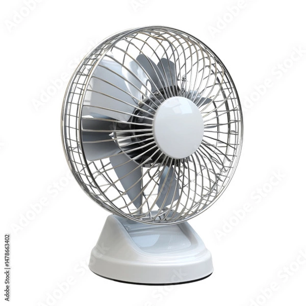 Fototapeta modern table fan with sleek design, featuring white base and metal grill, ideal for home or office use. It provides refreshing breeze and enhances comfort in any space