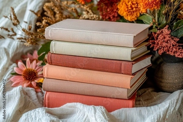 Obraz Stack of Earth Toned Sketchbooks on White Textured Fabric Featuring Terracotta Coral and Cream Colors with Orange Floral Accents in a Diagonal