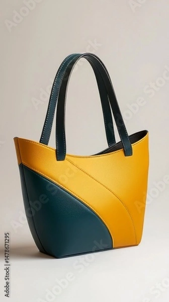 Obraz Teal and Mustard Diagonal Colorblock Handbag Fashionable Accessory Isolated on White Background Minimalist Design and Elegant Stitching Style