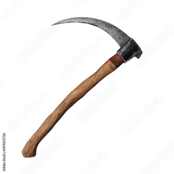 Fototapeta A hand sickle isolated on white background. The tool has a curved blade and a wooden handle.