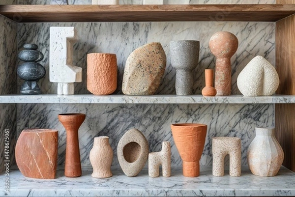 Obraz Terracotta and Neutral Vases on Marble Shelves Textured Home Decor Display Arrangement Various Shapes Colors Art and Stylish Composition