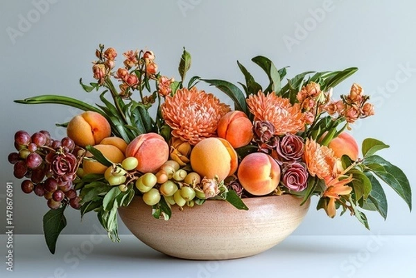Obraz Terracotta Bowl Displayed with Peaches Grapes and Vibrant Flowers in Diagonal Still Life Composition Against Grey Background