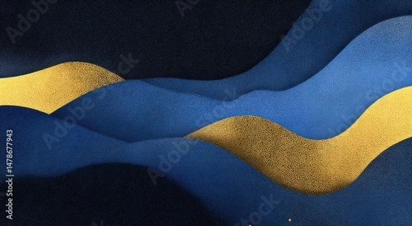 Fototapeta Abstract design of wavy dark blue and gold shapes.