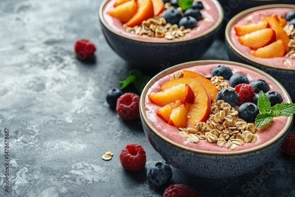 Obraz Three Pink Smoothie Bowls Topped with Fruit and Granola on Gray Textured Table Surface Healthy Food