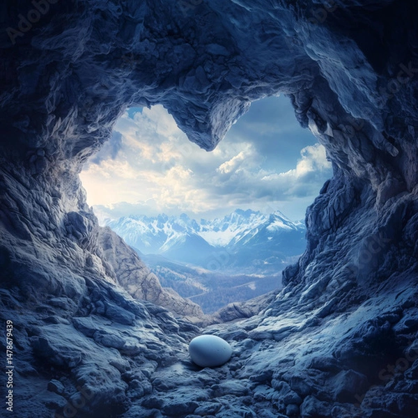 Obraz A heart-shaped cave in the mountains, with snow-covered peaks outside and an awe-inspiring view of distant mountain tops through its opening. 