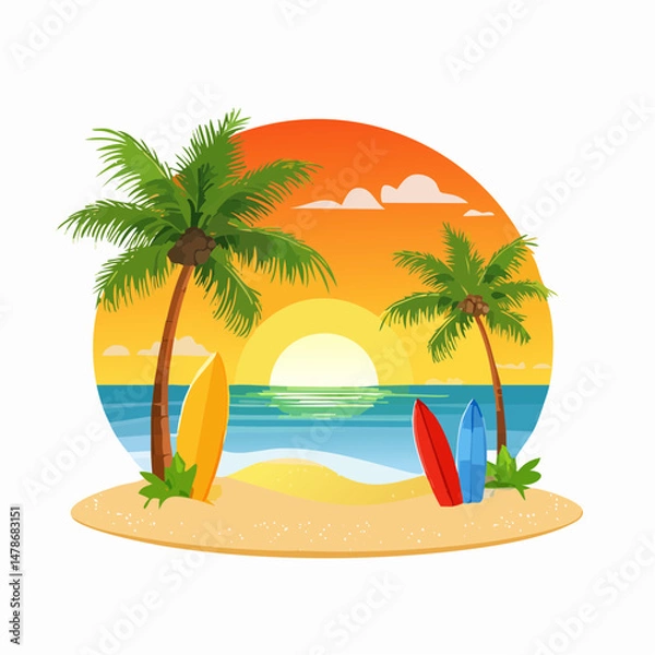 Obraz Tropical Beach Sunset with Surfboards and Palm Trees


