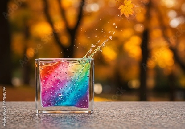 Obraz 虹色水しぶき 秋紅葉背景 鮮やか輝き