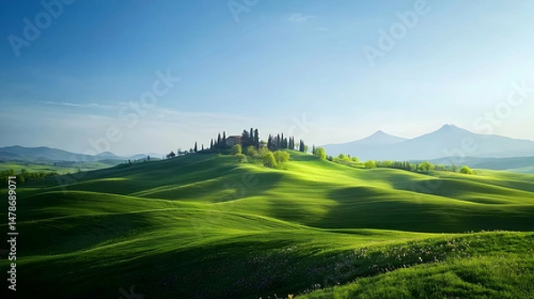 Obraz Rolling Green Hills With Ancient Villas And Misty Mountains