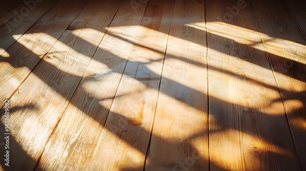 Fototapeta Sunlight casting shadows on a wooden table indoor space photograph warm environment close-up view serenity and contrast