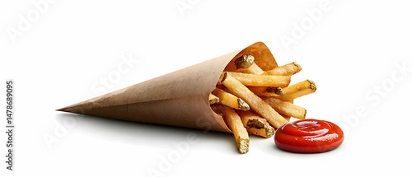 Obraz Crispy Golden Brown French Fries in Paper Cone with Ketchup