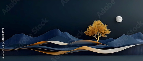 Obraz Abstract Golden Tree Landscape With Dark Mountains