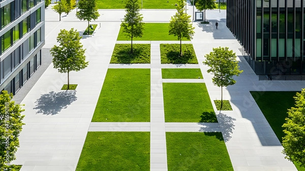 Obraz Modern Urban Courtyard With Square Grassy Areas And Trees
