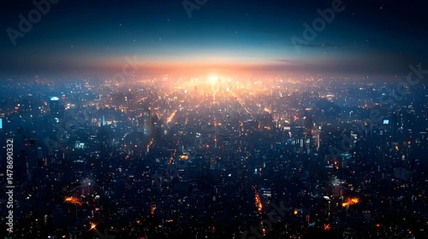 Obraz Aerial View Of City At Sunset With Blurry Lights